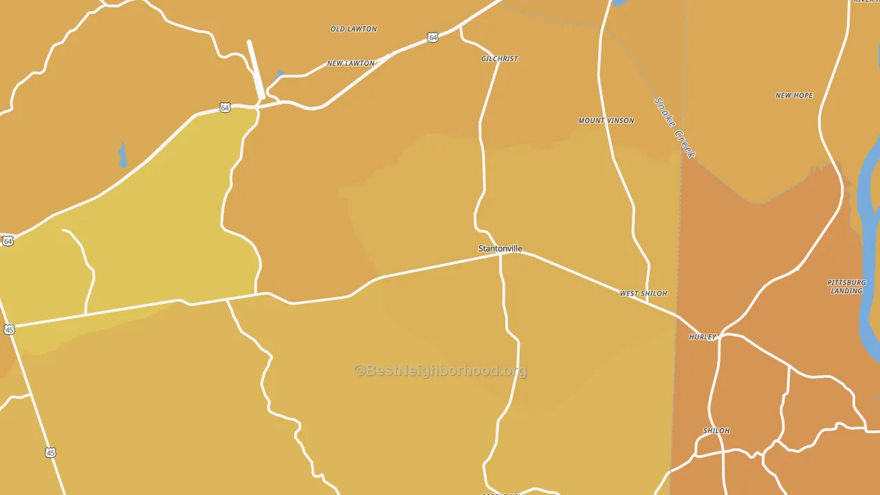 Map of the best neighborhoods in the Stantonville area, with better matches in green and worse matches in red