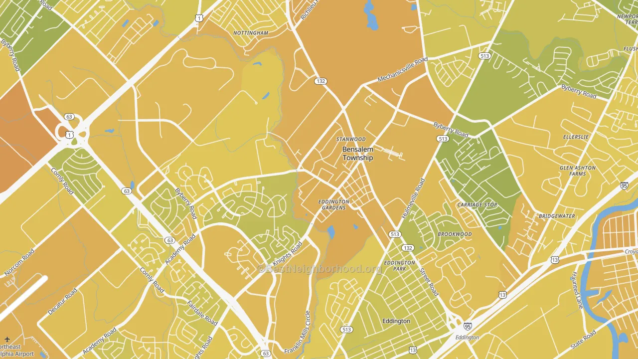 Map of the best neighborhoods in the Stanwood, Bensalem area, with better matches in green and worse matches in red