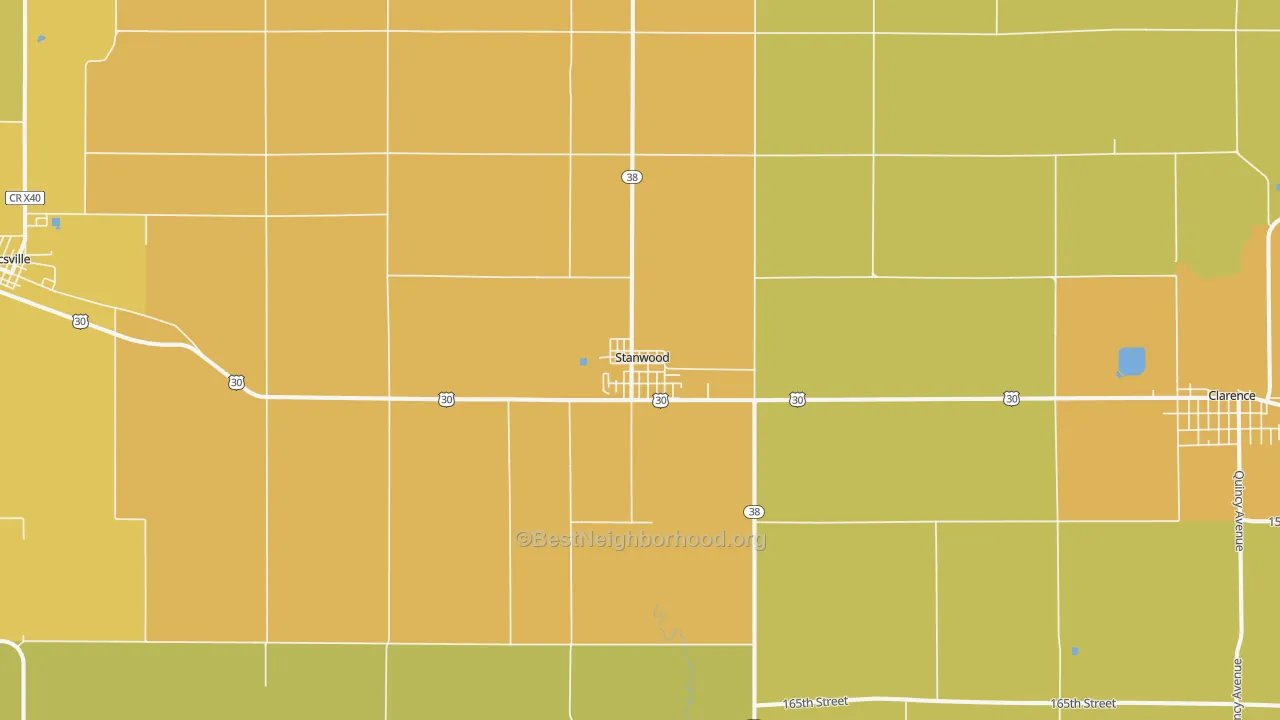 Map of the best neighborhoods in the Stanwood area, with better matches in green and worse matches in red
