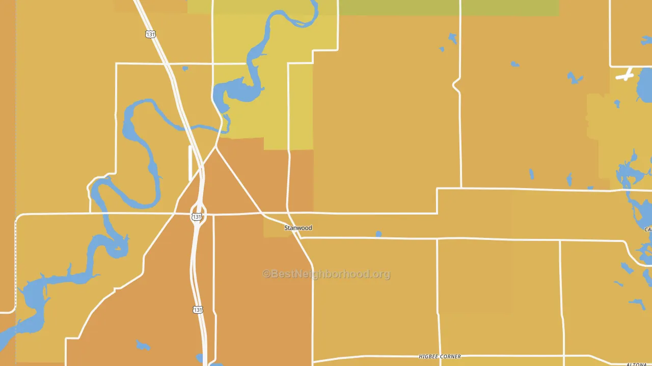 Map of the best neighborhoods in the Stanwood area, with better matches in green and worse matches in red