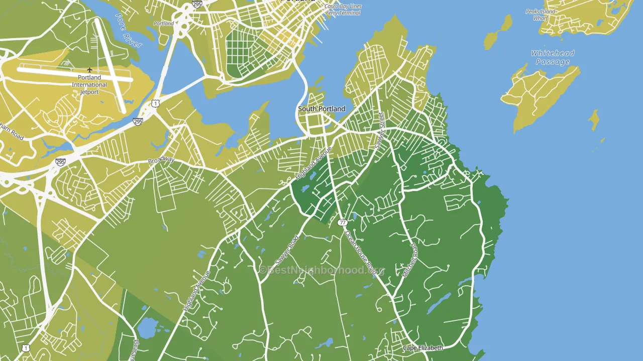 Map of the best neighborhoods in the Stanwood Park, South Portland area, with better matches in green and worse matches in red
