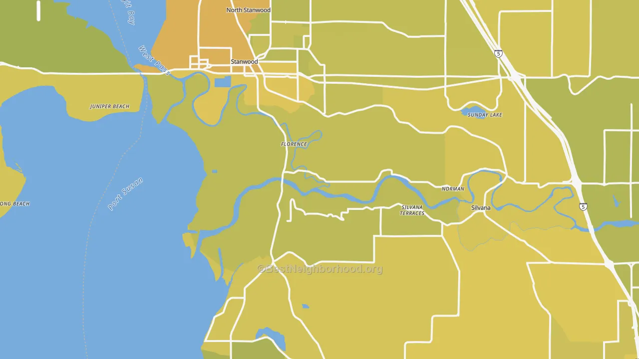 Map of the best neighborhoods in the Stanwood area, with better matches in green and worse matches in red