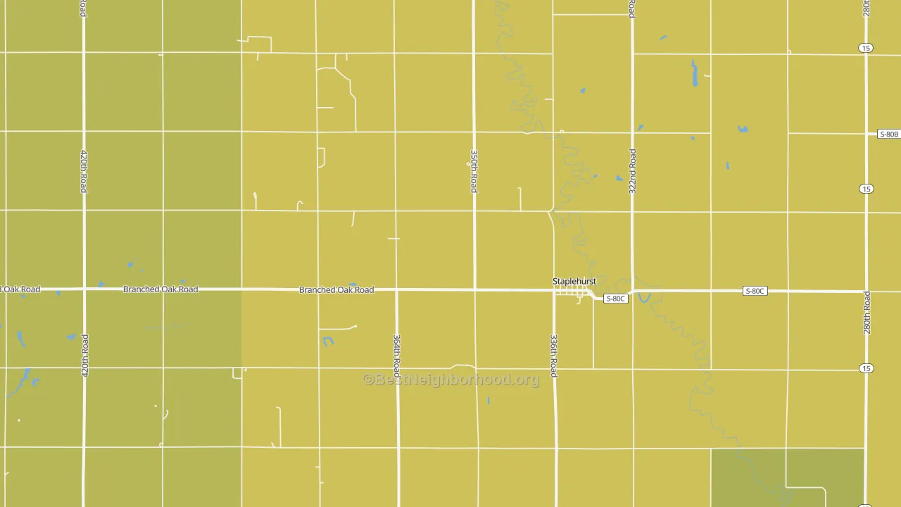 Map of the best neighborhoods in the Staplehurst area, with better matches in green and worse matches in red
