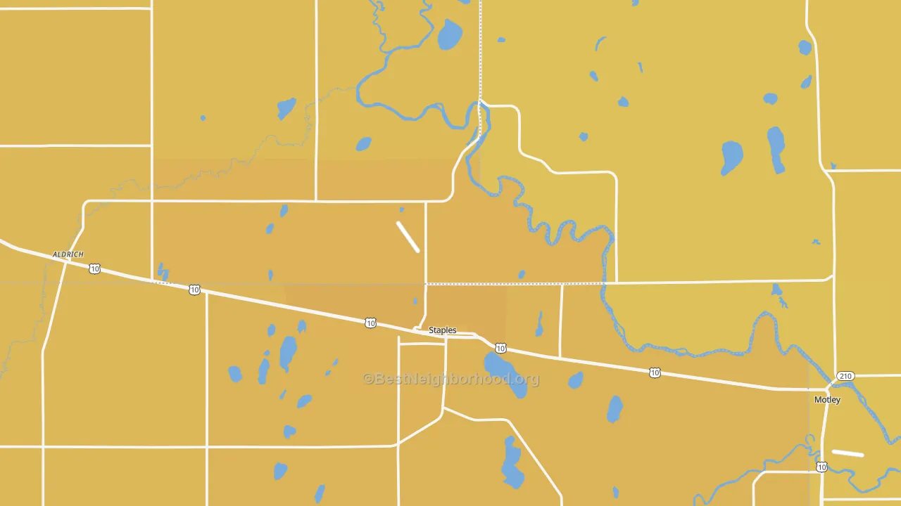 Map of the best neighborhoods in the Staples area, with better matches in green and worse matches in red