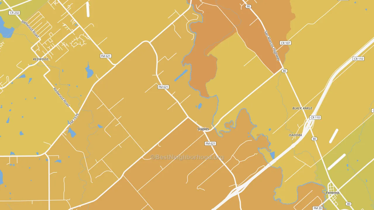 Map of the best neighborhoods in the Staples area, with better matches in green and worse matches in red