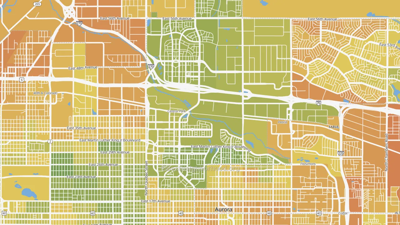 Map of the best neighborhoods in the Stapleton, Denver area, with better matches in green and worse matches in red
