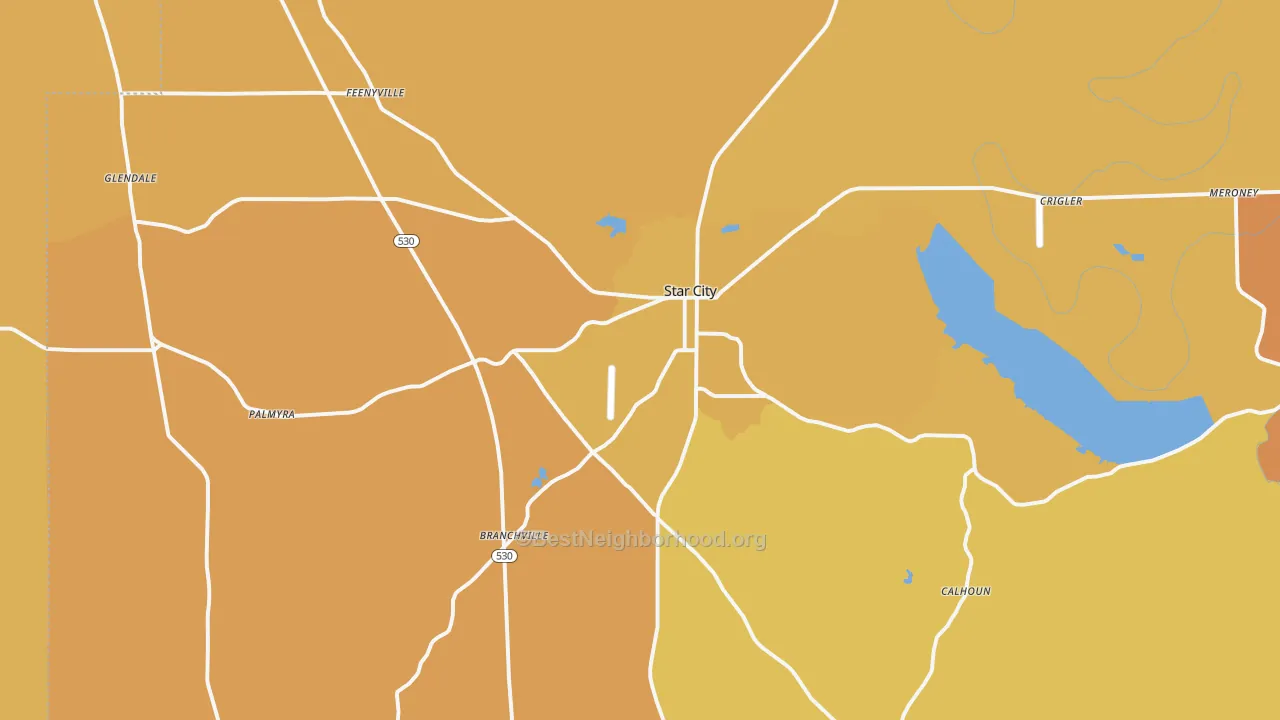 Map of the best neighborhoods in the Star City area, with better matches in green and worse matches in red