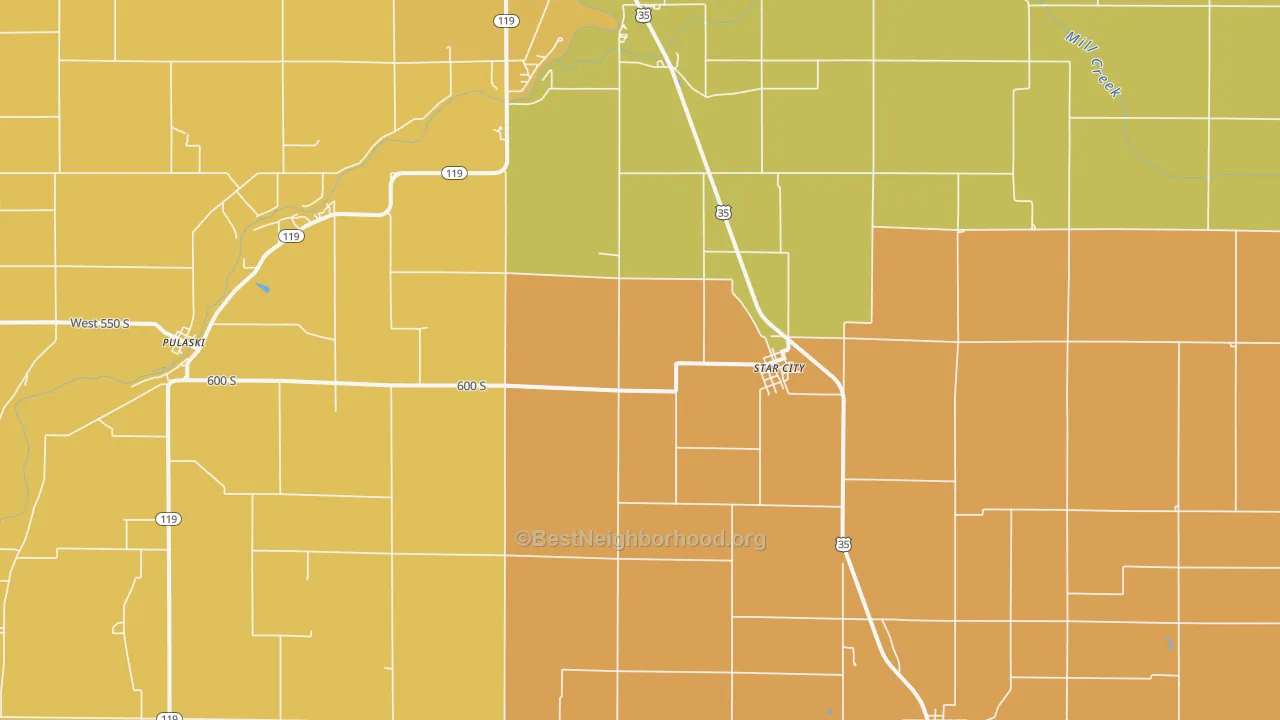 Map of the best neighborhoods in the Star City area, with better matches in green and worse matches in red