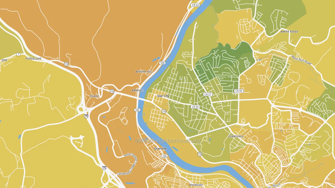 Map of the best neighborhoods in the Star City area, with better matches in green and worse matches in red