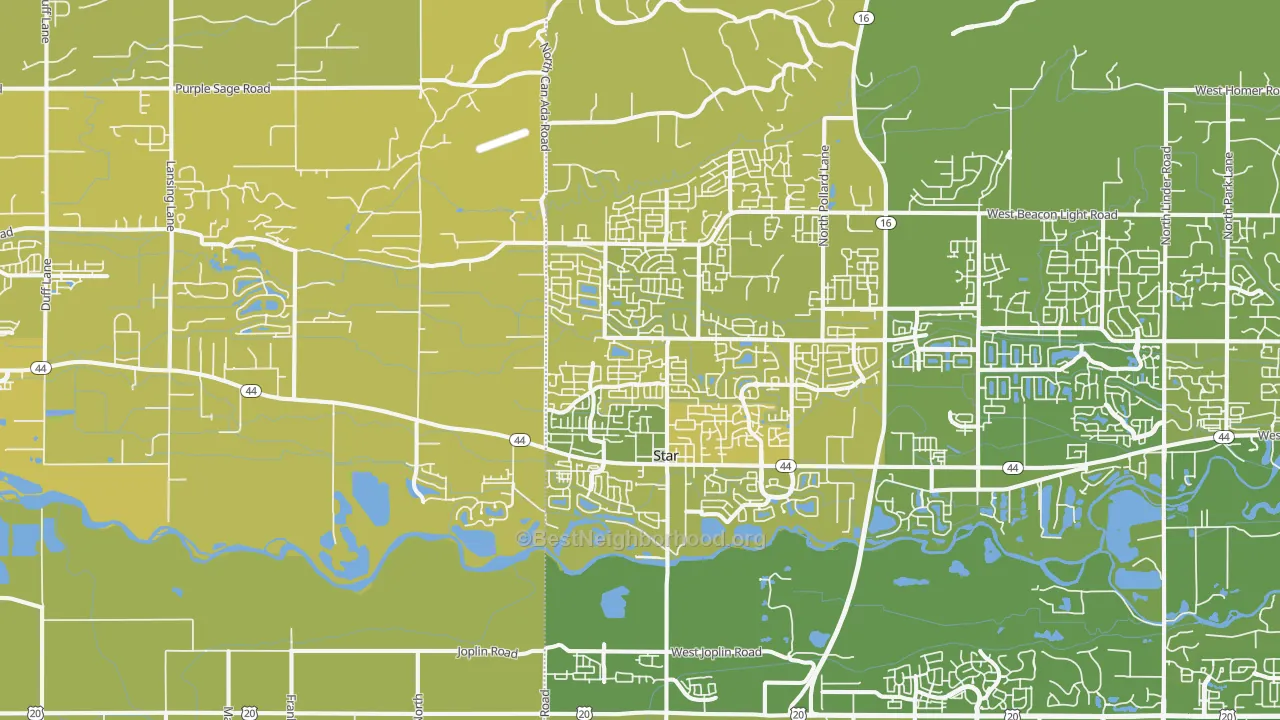 Map of the best neighborhoods in the Star area, with better matches in green and worse matches in red