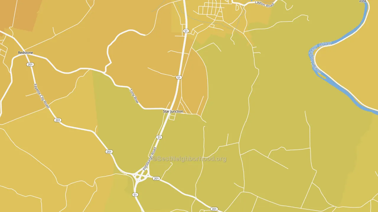 Map of the best neighborhoods in the Star Junction area, with better matches in green and worse matches in red