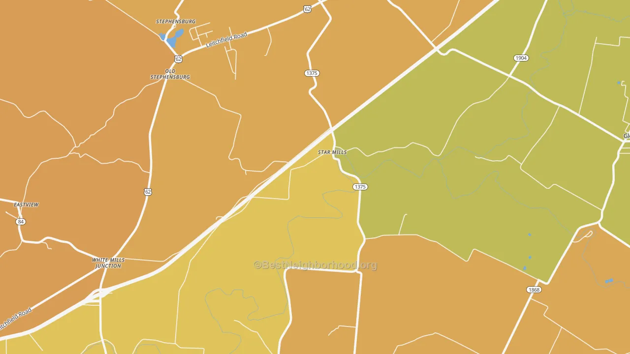 Map of the best neighborhoods in the Star Mills area, with better matches in green and worse matches in red