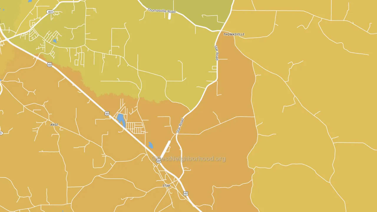 Map of the best neighborhoods in the Star area, with better matches in green and worse matches in red