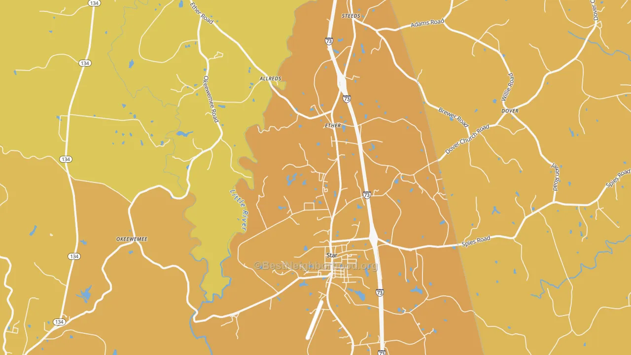 Map of the best neighborhoods in the Star area, with better matches in green and worse matches in red