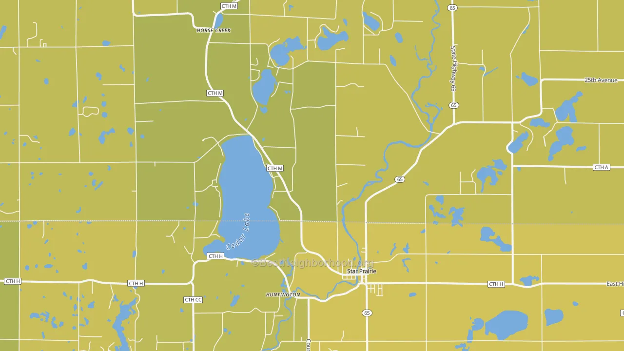 Map of the best neighborhoods in the Star Prairie area, with better matches in green and worse matches in red