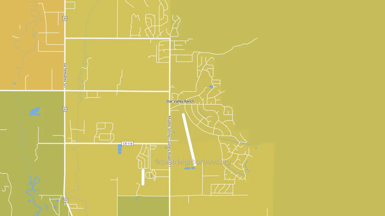 Map of the best neighborhoods in the Star Valley Ranch area, with better matches in green and worse matches in red