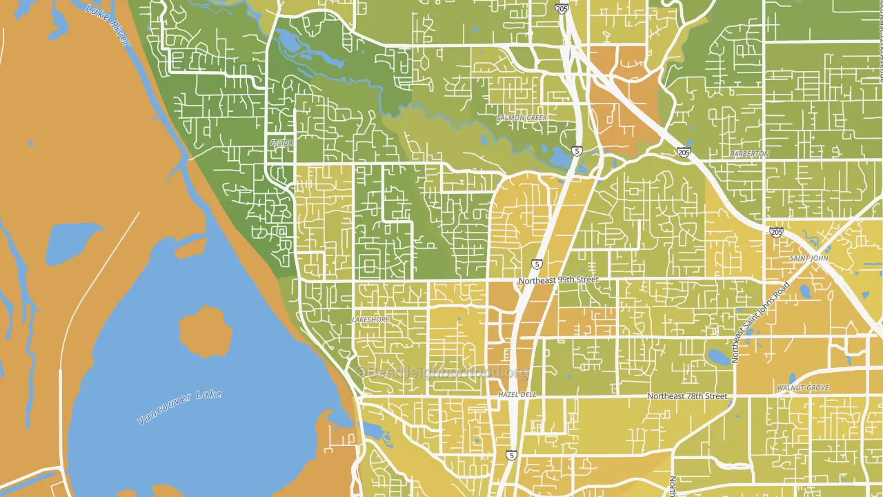 Map of the best neighborhoods in the Starcrest, Salmon Creek area, with better matches in green and worse matches in red