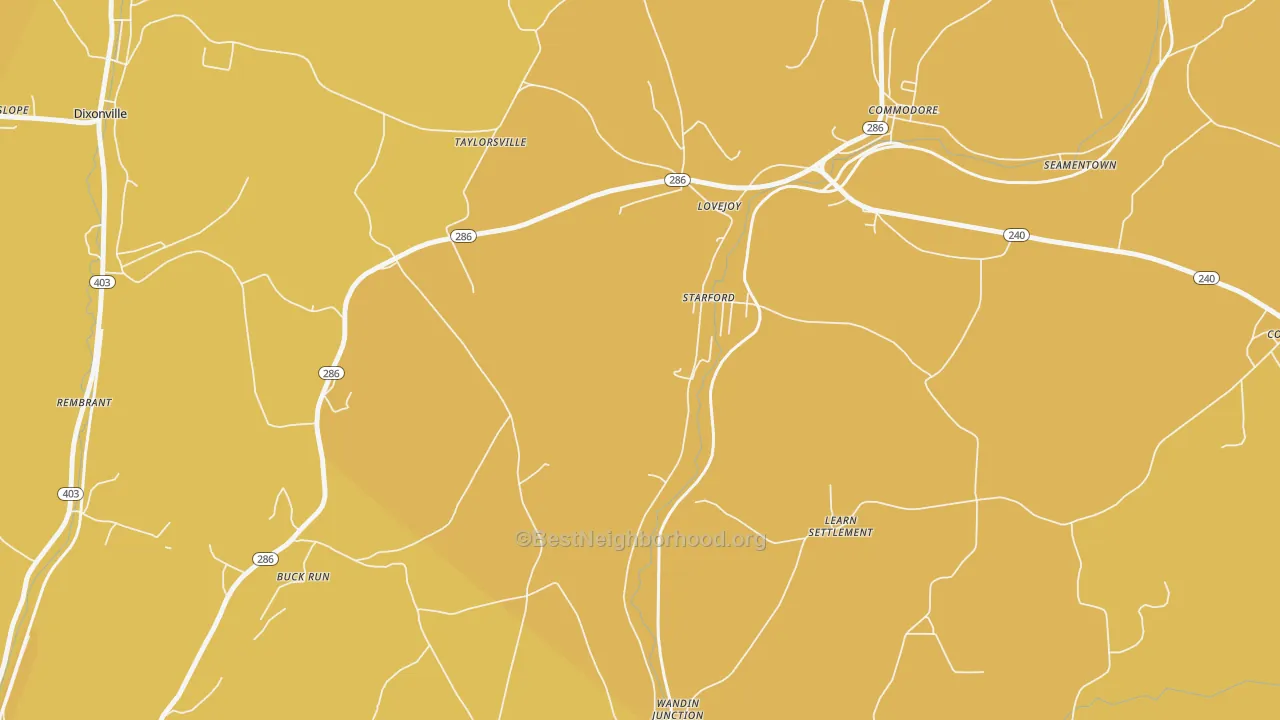 Map of the best neighborhoods in the Starford area, with better matches in green and worse matches in red