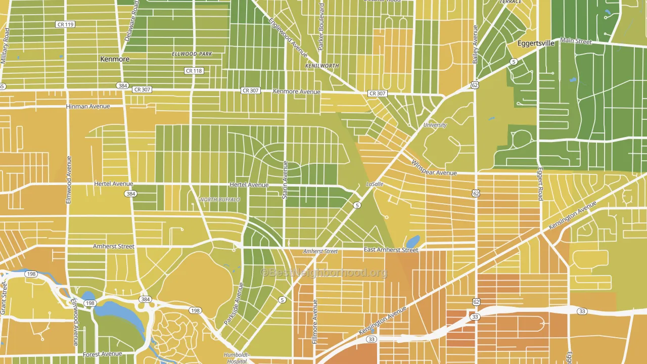 Map of the best neighborhoods in the Starin Central, Buffalo area, with better matches in green and worse matches in red
