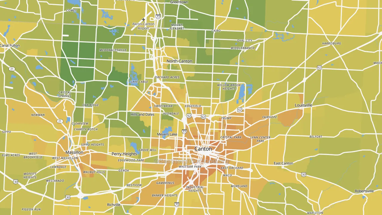 Map of the best neighborhoods in the Stark County area, with better matches in green and worse matches in red