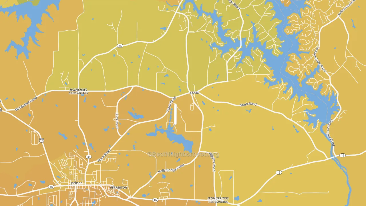 Map of the best neighborhoods in the Stark area, with better matches in green and worse matches in red