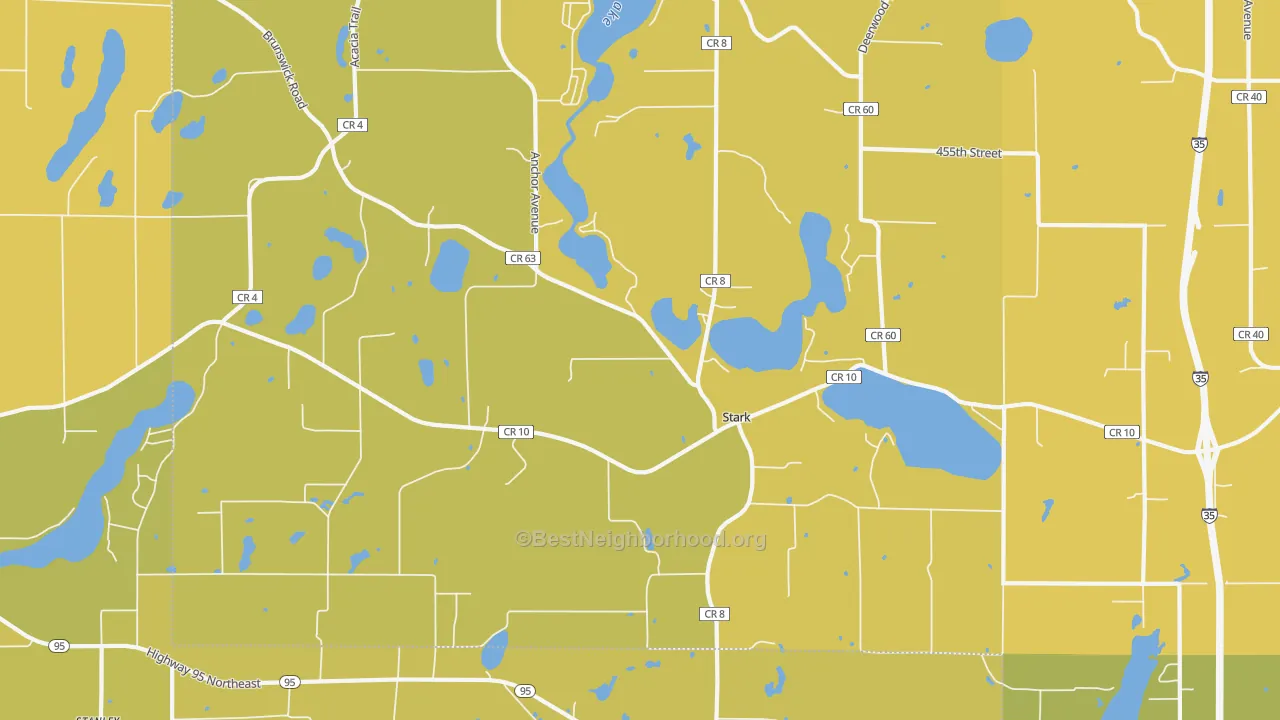 Map of the best neighborhoods in the Stark area, with better matches in green and worse matches in red