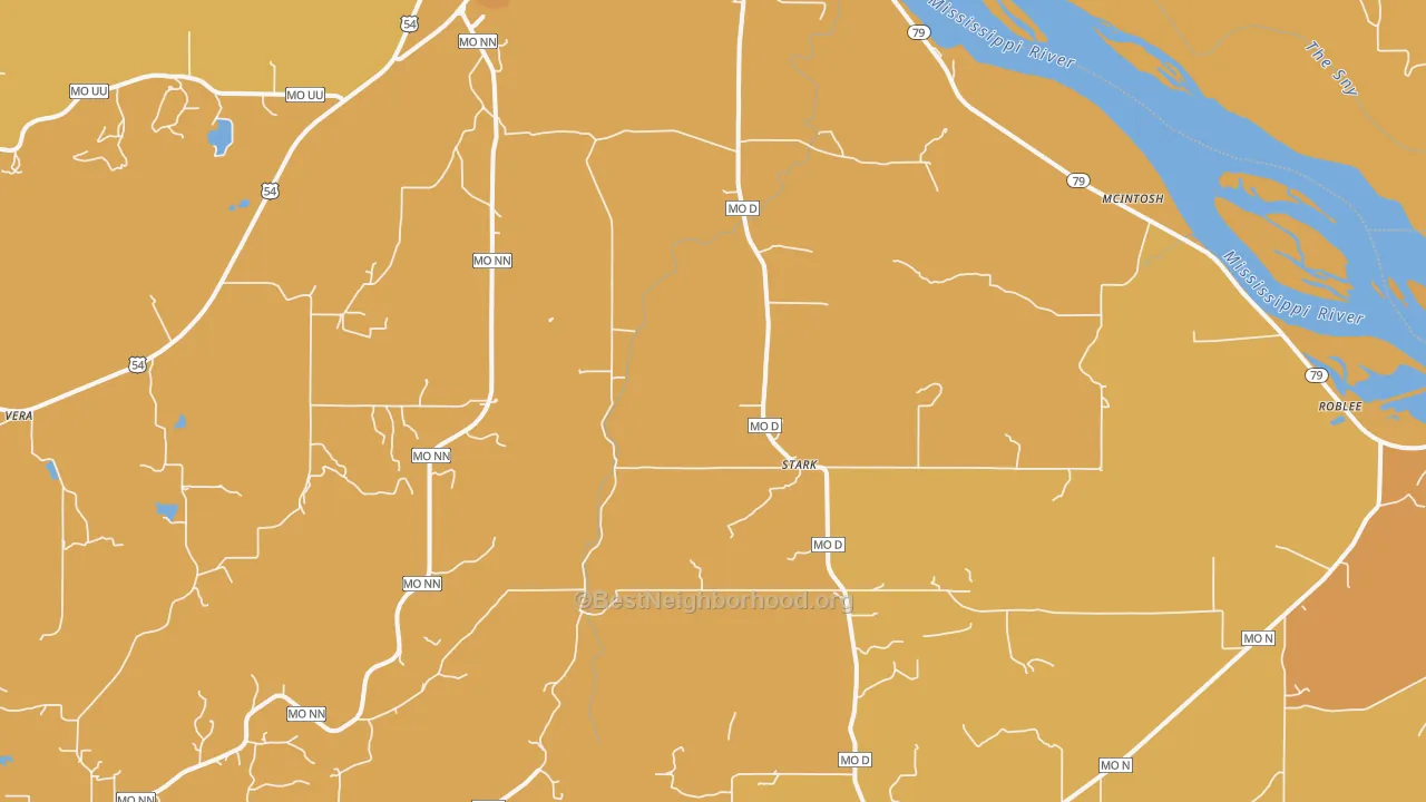 Map of the best neighborhoods in the Stark area, with better matches in green and worse matches in red