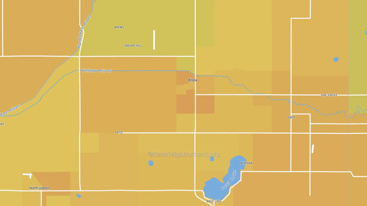 Map of the best neighborhoods in the Starke County area, with better matches in green and worse matches in red