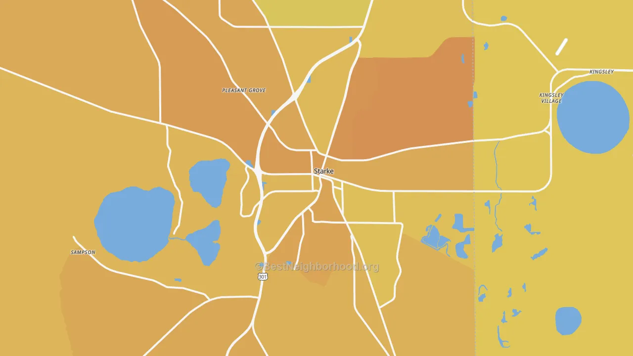 Map of the best neighborhoods in the Starke area, with better matches in green and worse matches in red