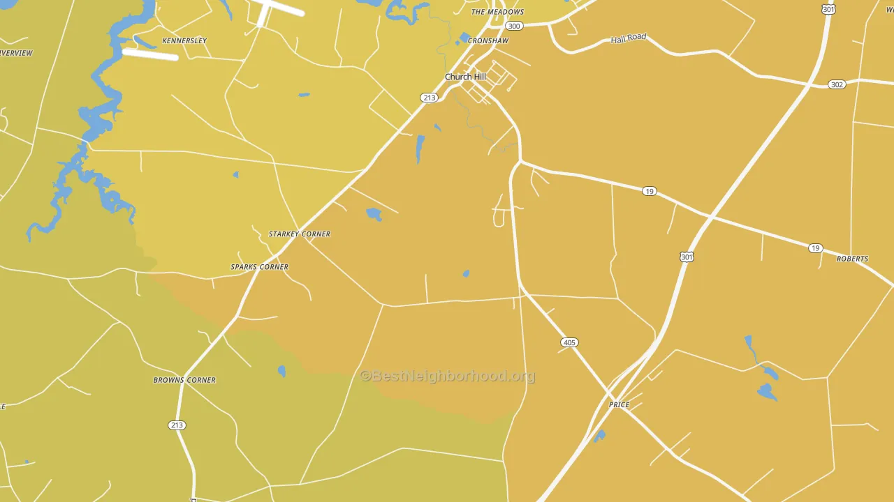 Map of the best neighborhoods in the Starkey Corner area, with better matches in green and worse matches in red