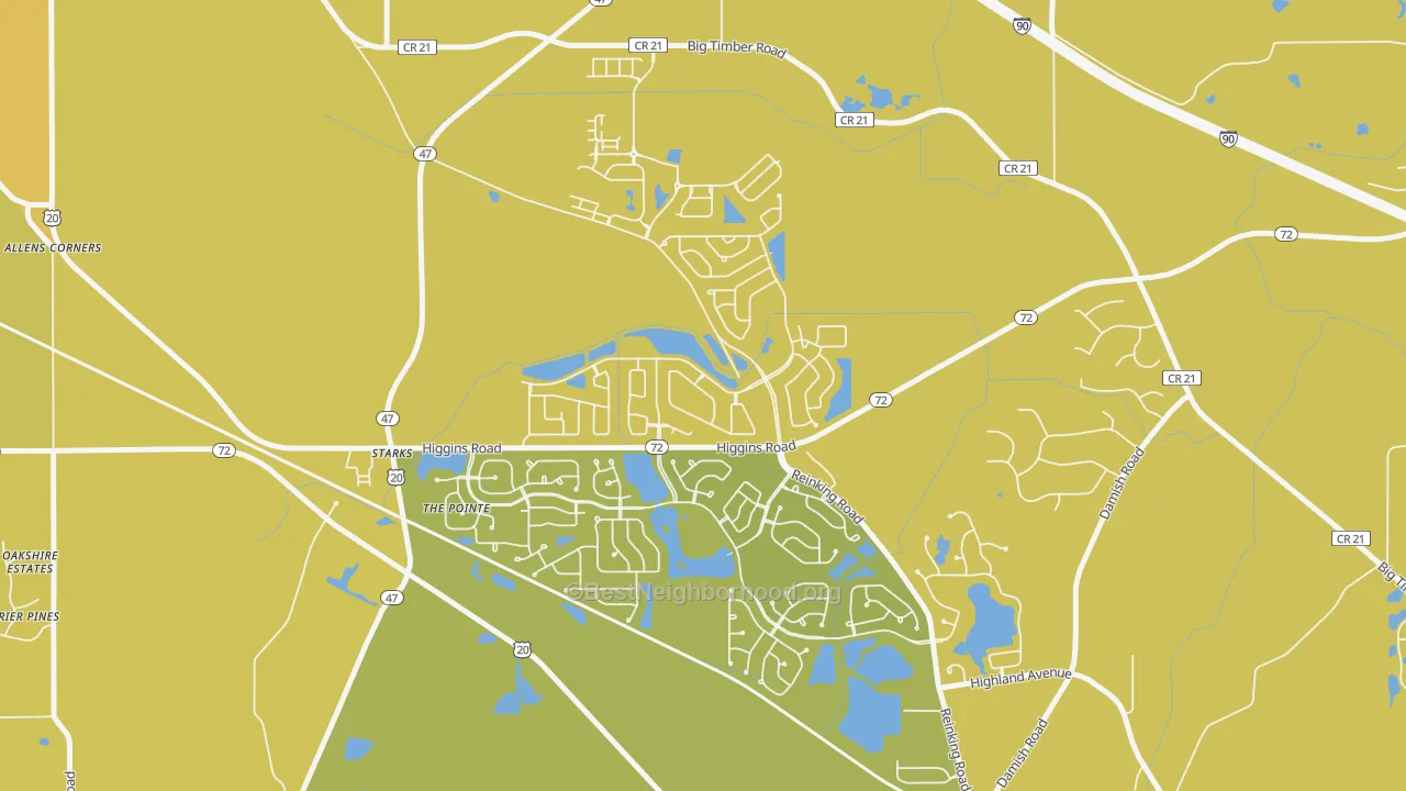 Map of the best neighborhoods in the Starks area, with better matches in green and worse matches in red