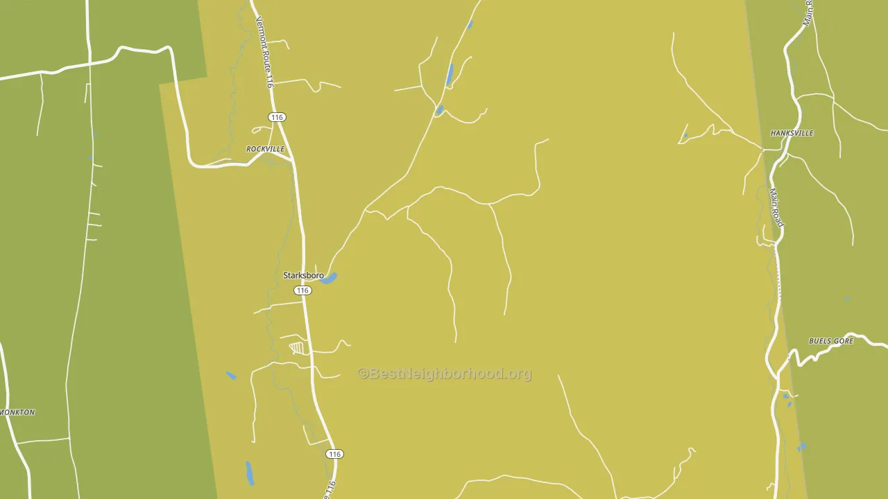 Map of the best neighborhoods in the Starksboro area, with better matches in green and worse matches in red