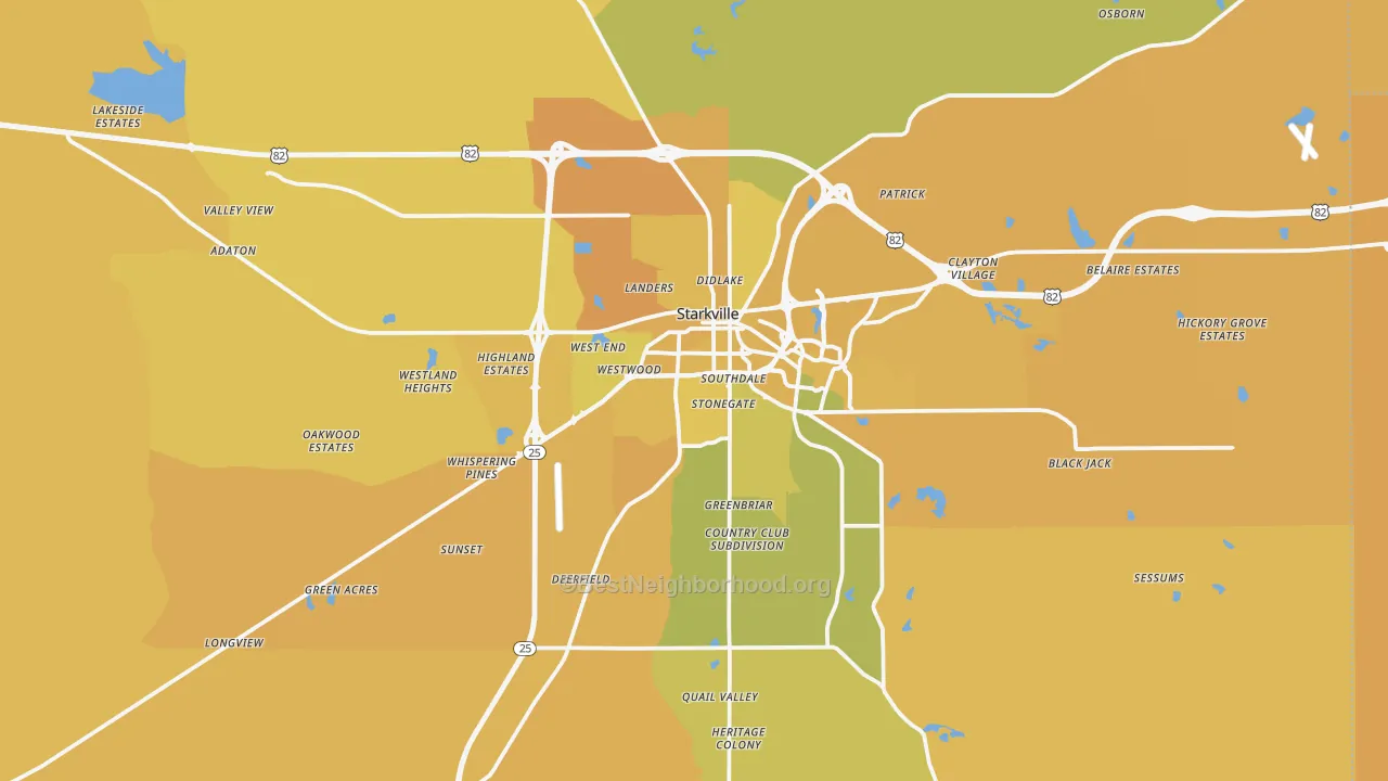 Map of the best neighborhoods in the Starkville area, with better matches in green and worse matches in red