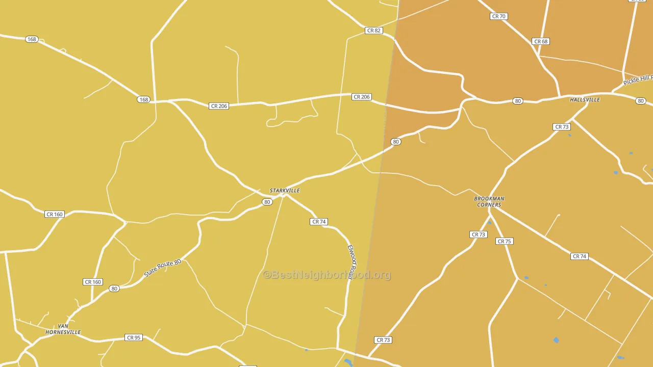 Map of the best neighborhoods in the Starkville area, with better matches in green and worse matches in red