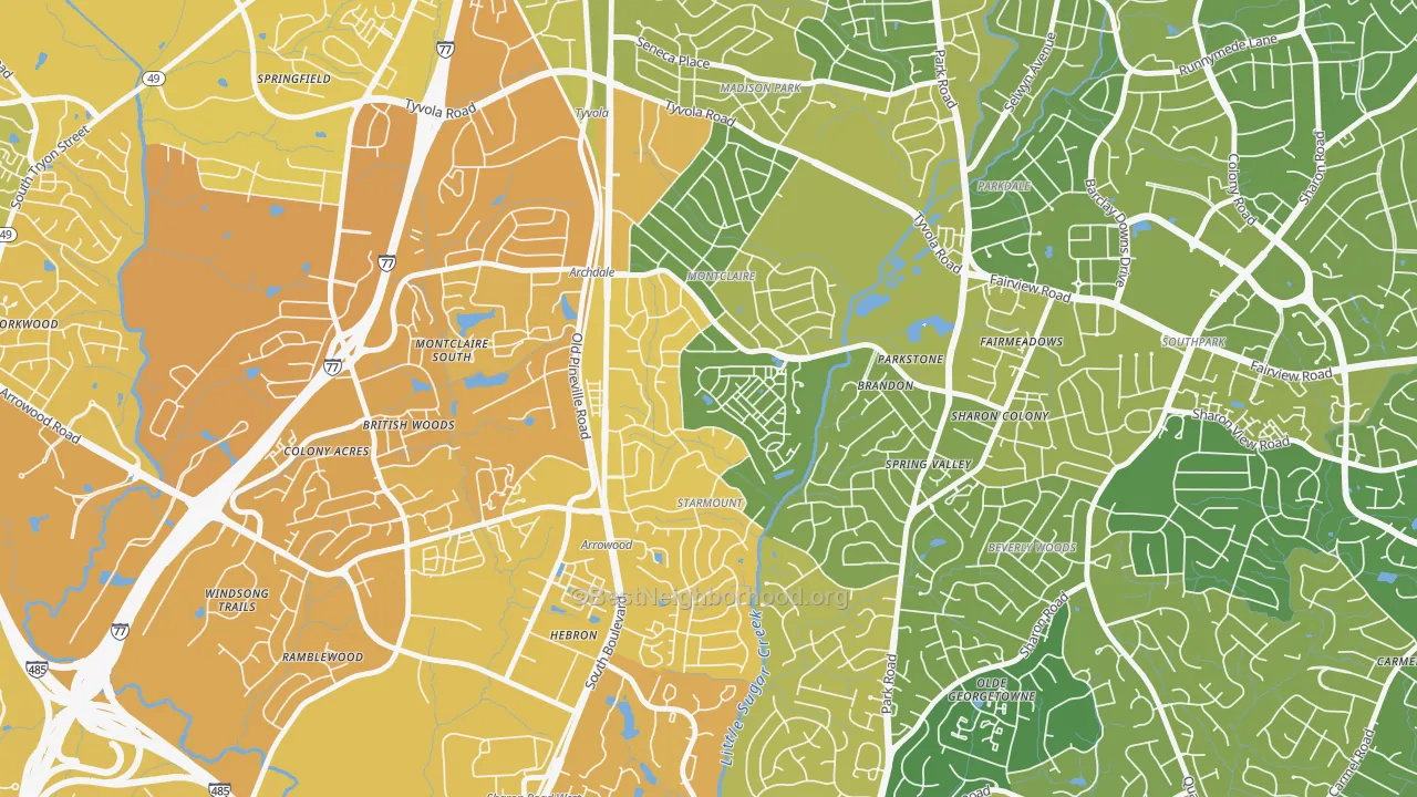 Map of the best neighborhoods in the Starmount, Charlotte area, with better matches in green and worse matches in red
