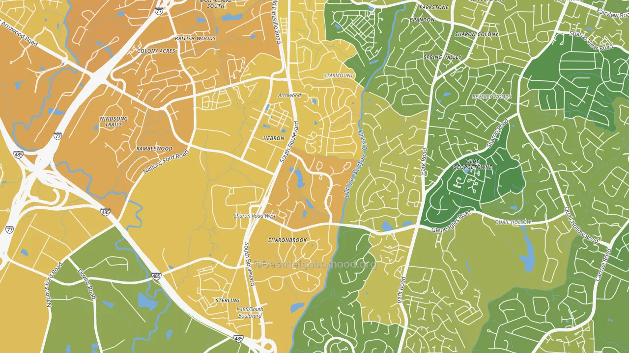 Map of the best neighborhoods in the Starmount Forest-Charlotte, Charlotte area, with better matches in green and worse matches in red