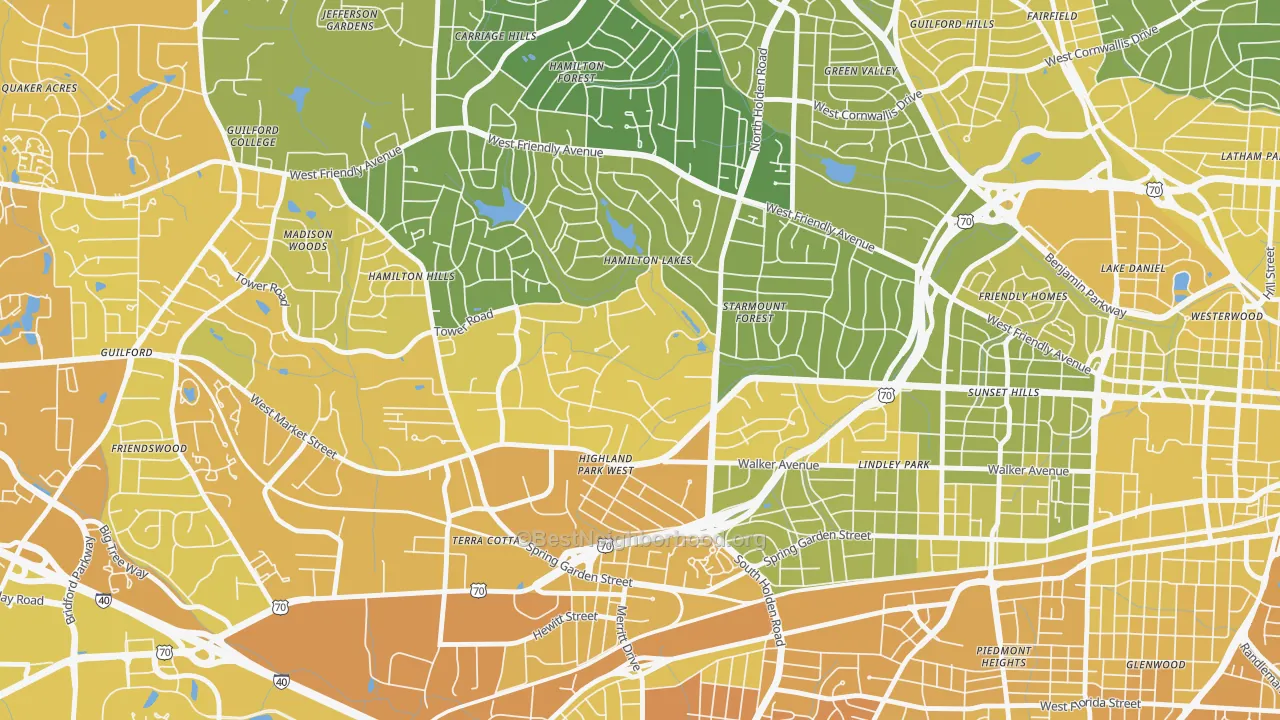 Map of the best neighborhoods in the Starmount Forest, Greensboro area, with better matches in green and worse matches in red