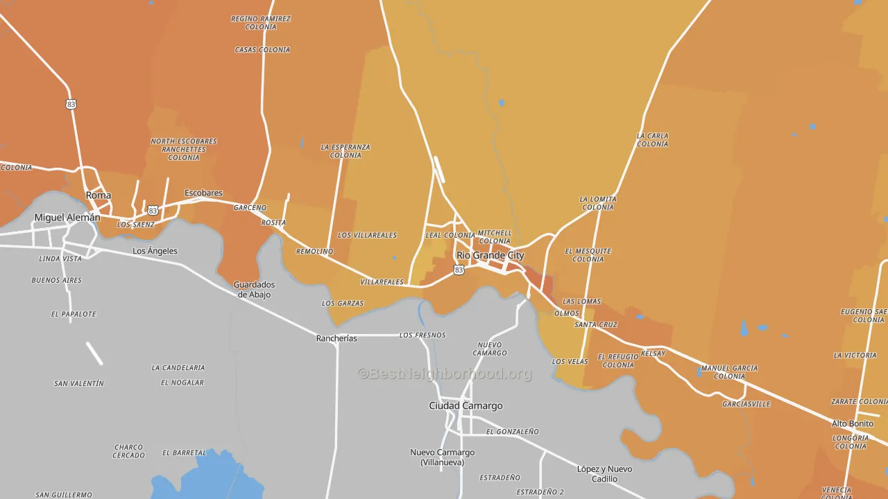 Map of the best neighborhoods in the Starr County area, with better matches in green and worse matches in red