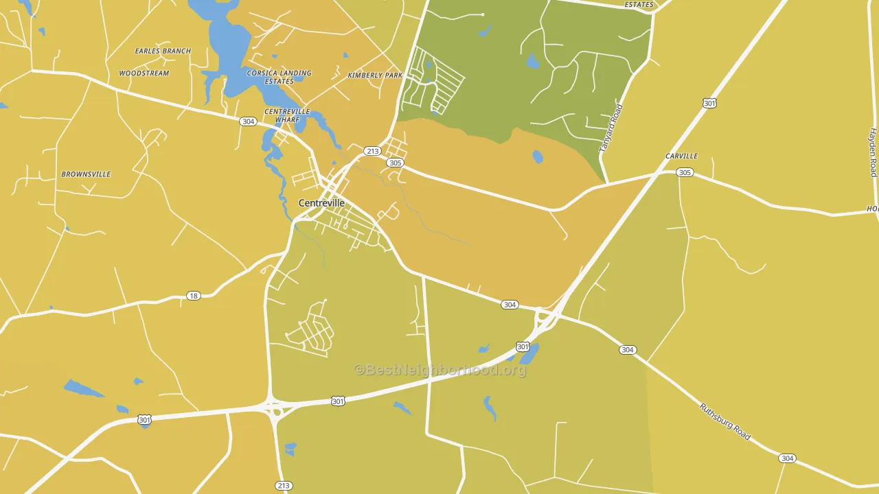 Map of the best neighborhoods in the Starr area, with better matches in green and worse matches in red