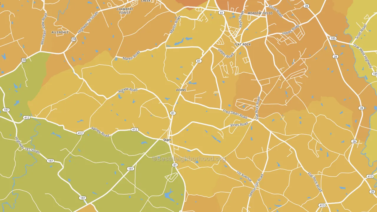 Map of the best neighborhoods in the Starr area, with better matches in green and worse matches in red