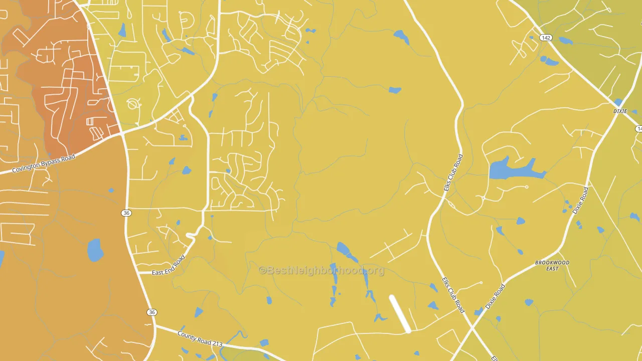 Map of the best neighborhoods in the Starrsville area, with better matches in green and worse matches in red