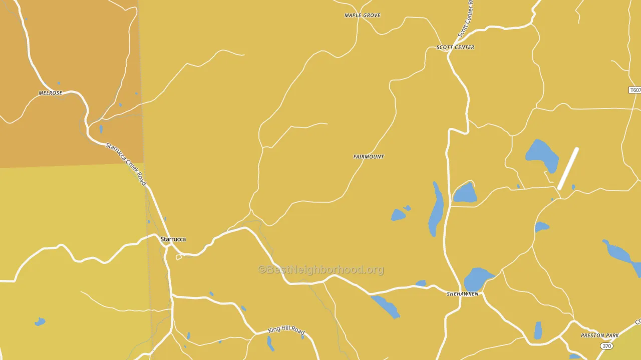 Map of the best neighborhoods in the Starrucca area, with better matches in green and worse matches in red