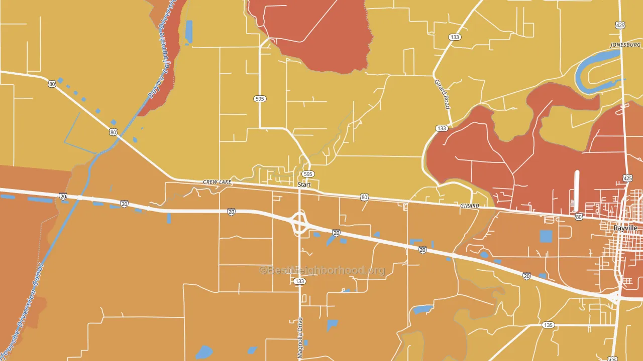 Map of the best neighborhoods in the Start area, with better matches in green and worse matches in red