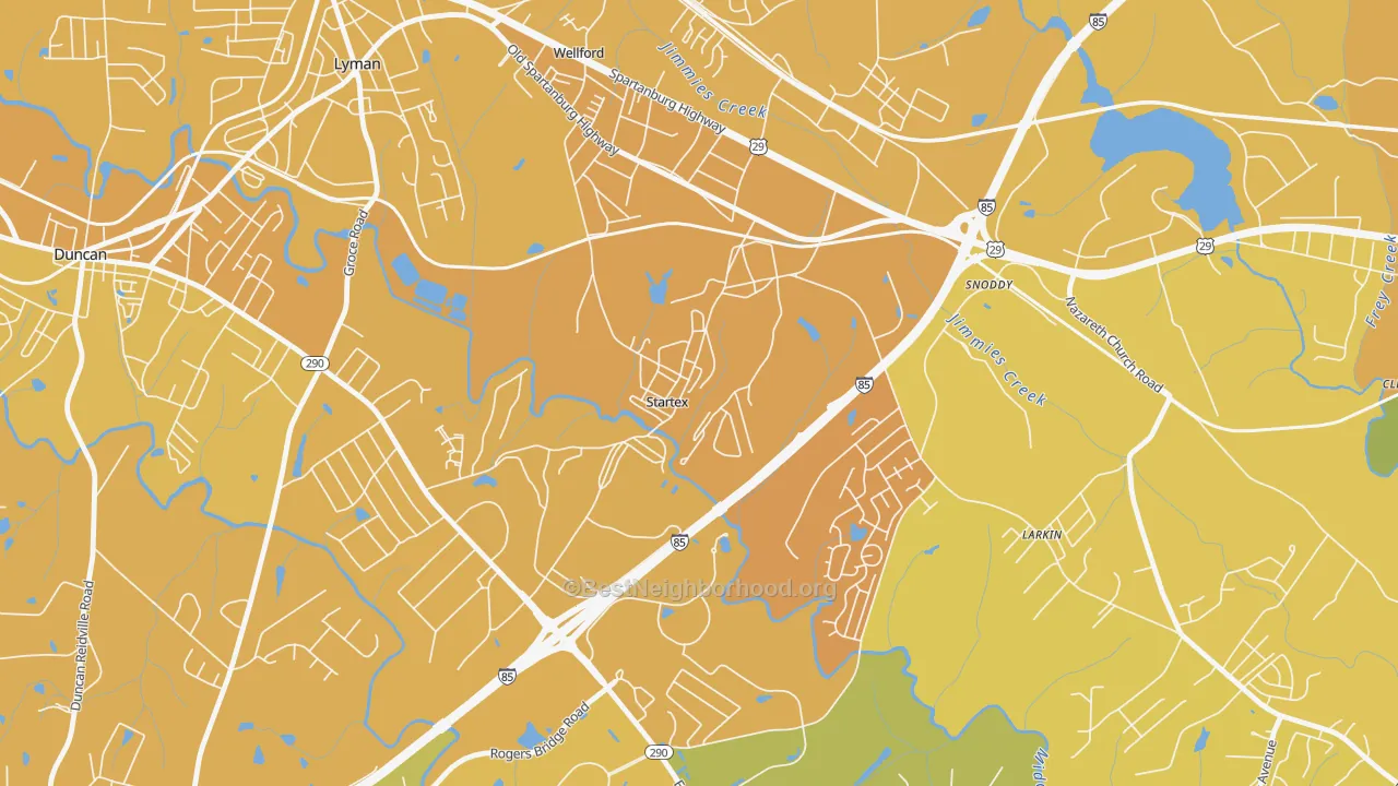 Map of the best neighborhoods in the Startex area, with better matches in green and worse matches in red