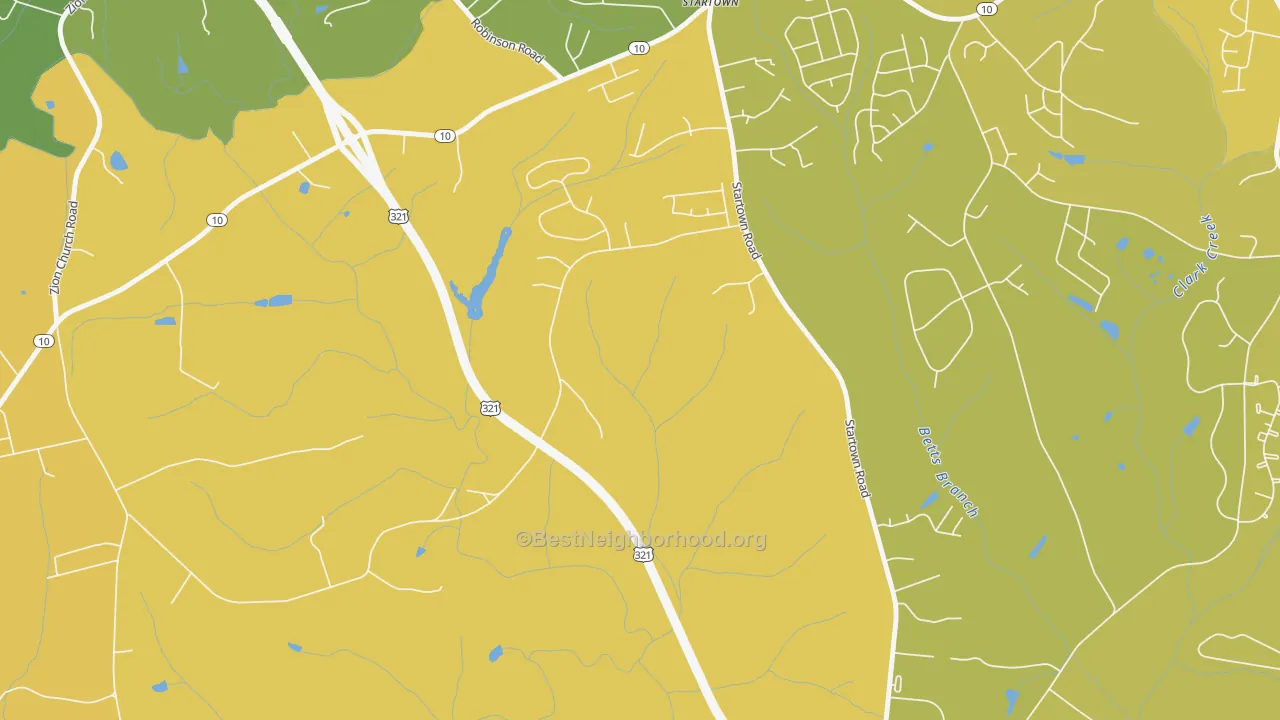 Map of the best neighborhoods in the Startown area, with better matches in green and worse matches in red