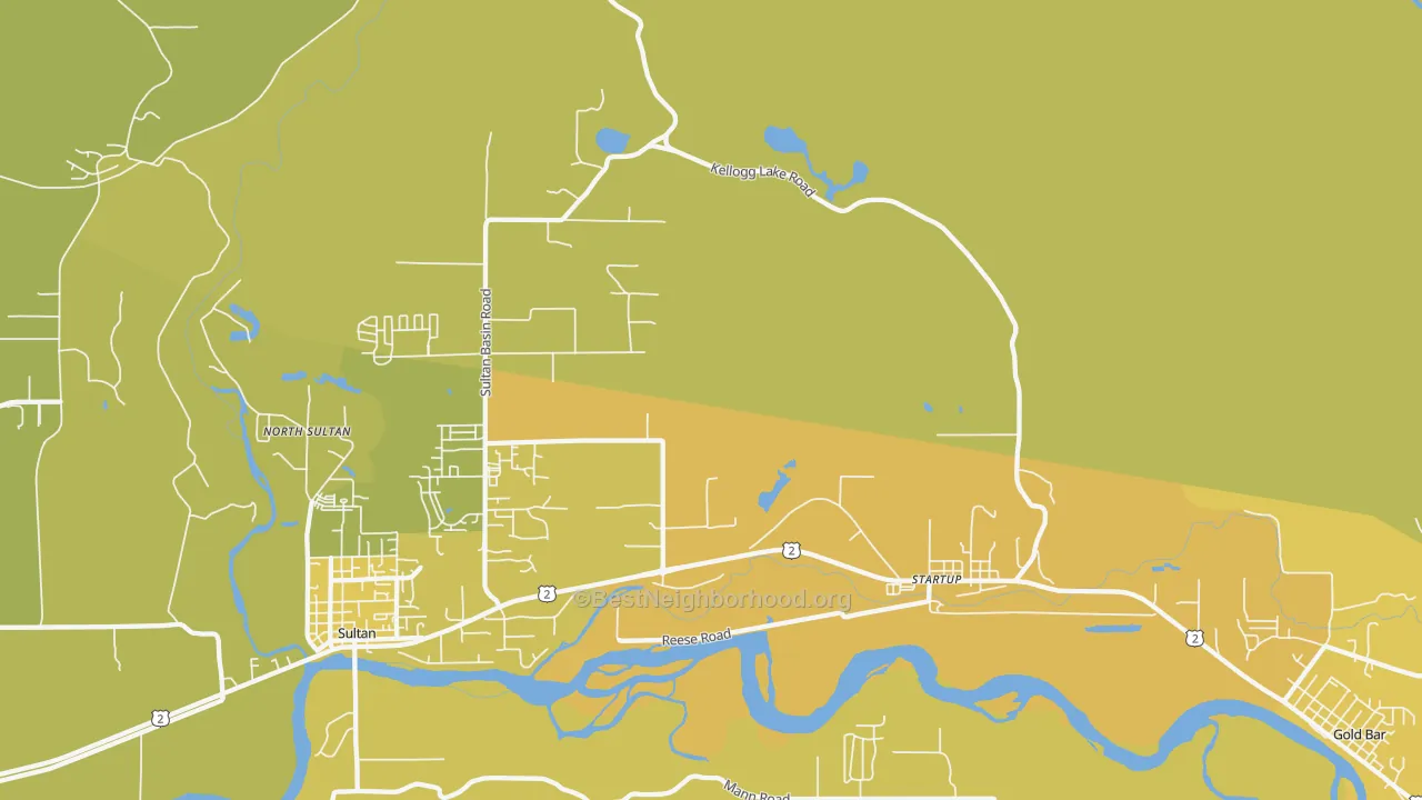 Map of the best neighborhoods in the Startup area, with better matches in green and worse matches in red