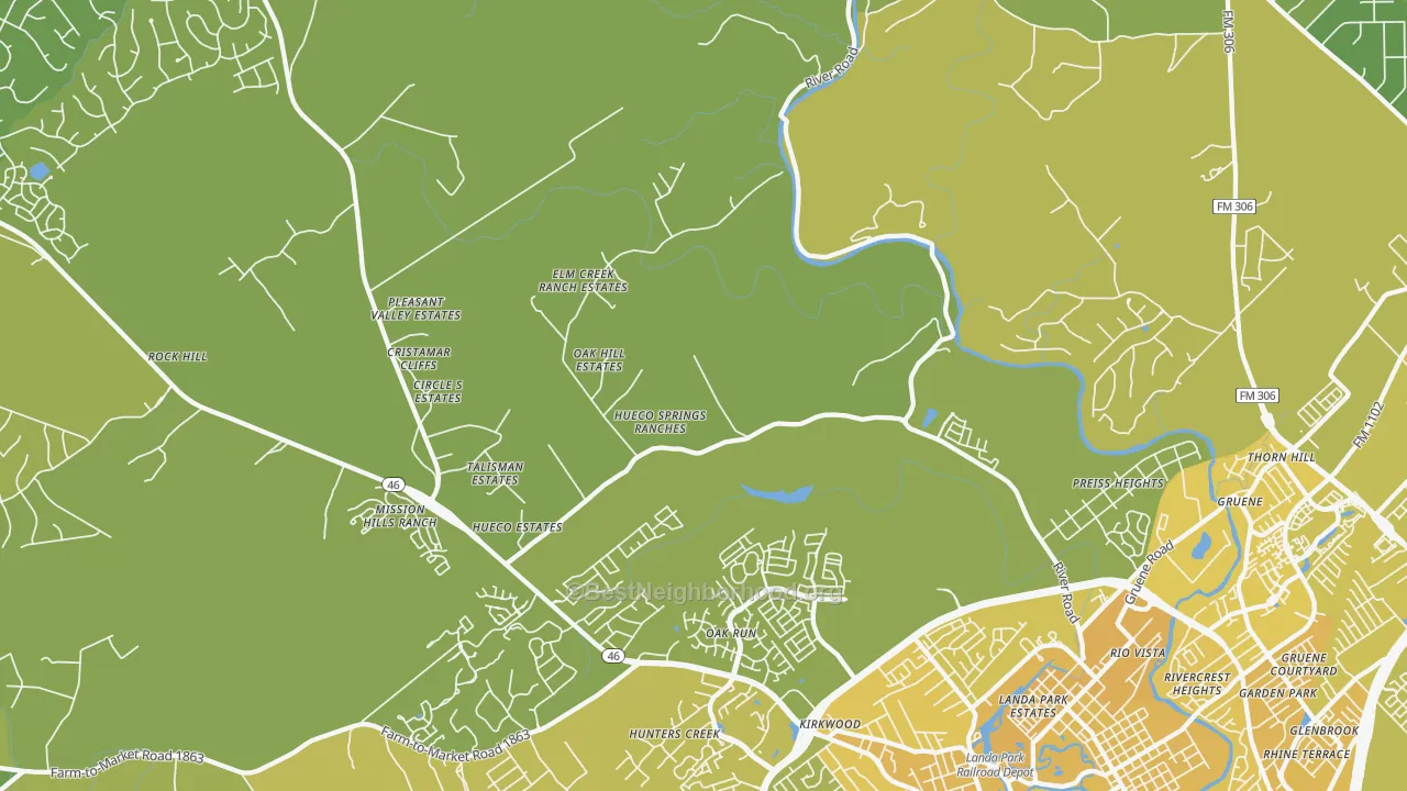 Map of the best neighborhoods in the Startzville area, with better matches in green and worse matches in red