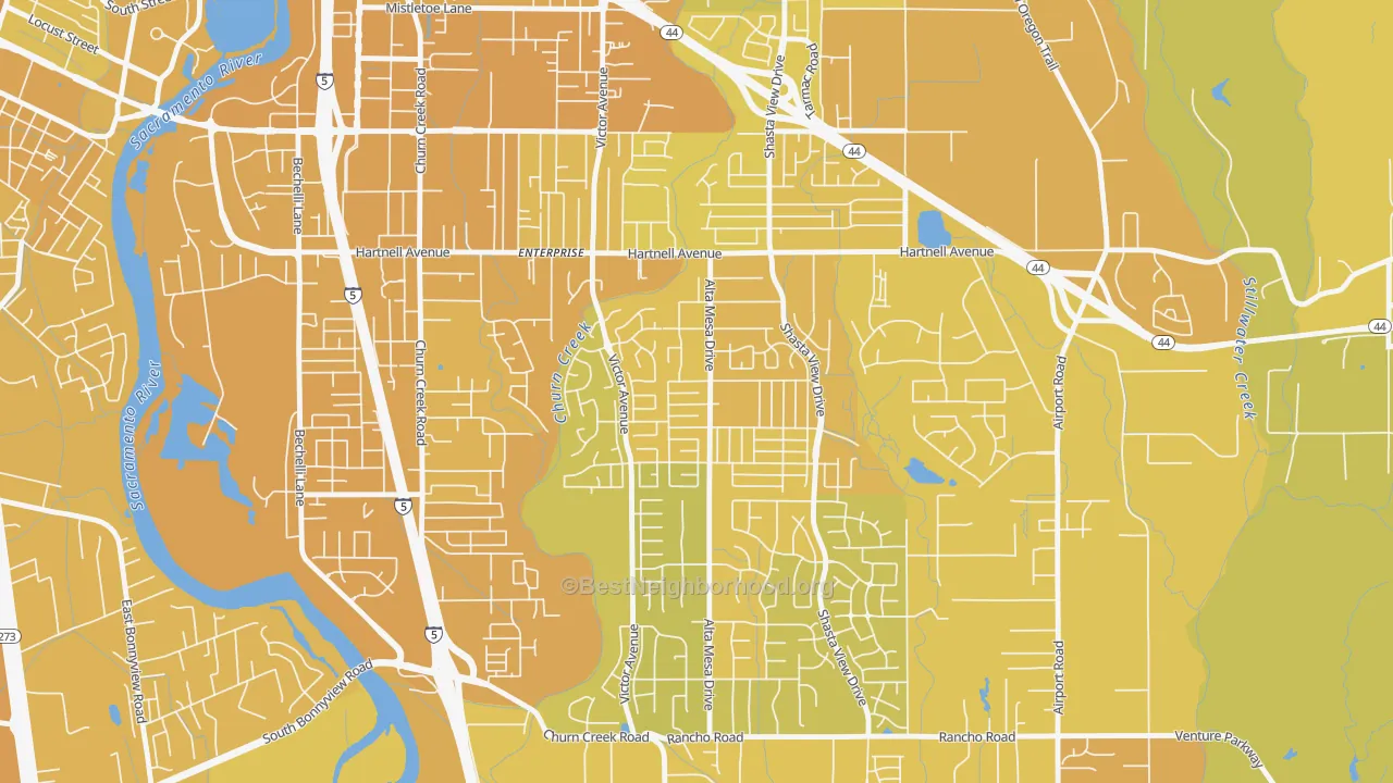 Map of the best neighborhoods in the Starview, Redding area, with better matches in green and worse matches in red