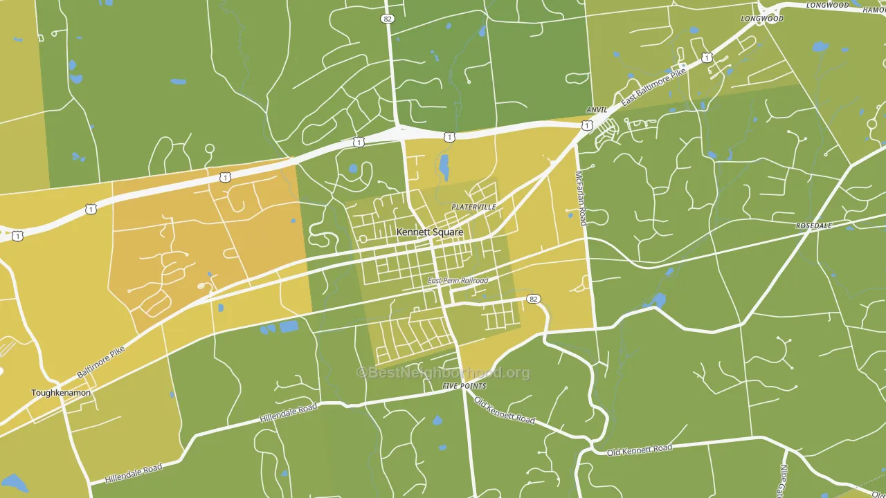 Map of the best neighborhoods in the State and Cypress, Kennett Square area, with better matches in green and worse matches in red