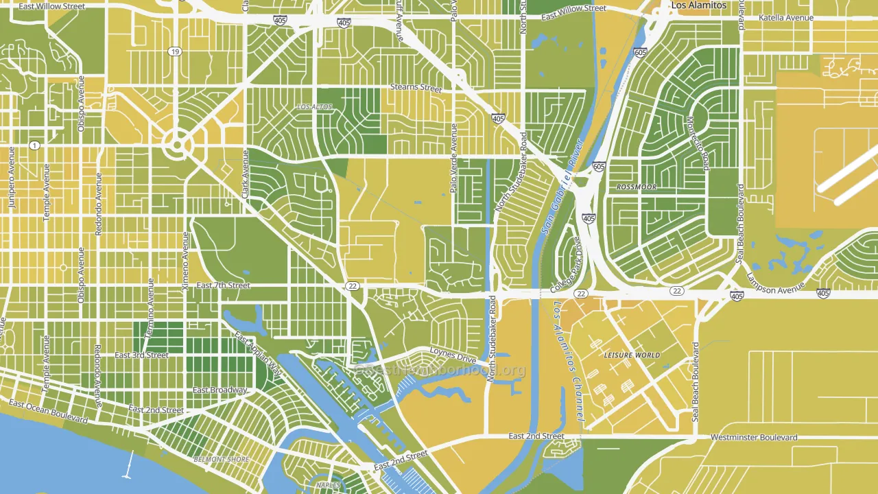 Map of the best neighborhoods in the State College Area, Long Beach area, with better matches in green and worse matches in red